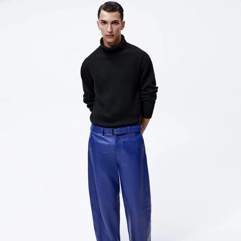 Blue Mens Sheepskin Leather Real Pants