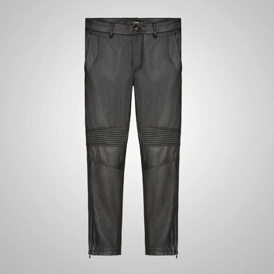 Black Mens Real Sheepskin Leather Biker Pants