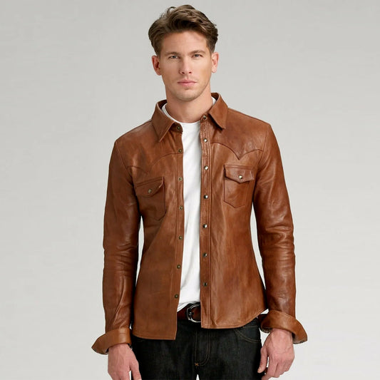 Men's Two-Tone Brown Leather Shirt Jacket with front snap button closure and collared neckline. Biker style with button accents.