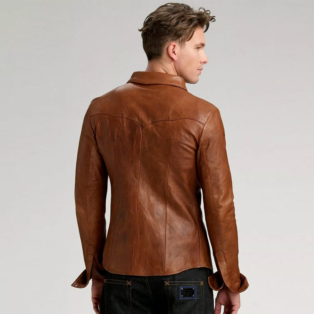 Men's Two-Tone Brown Leather Shirt Jacket showcasing the back design and hip-length fit.