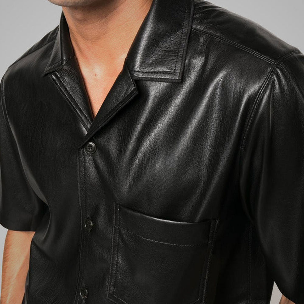 Men's Black Half Sleeves Leather Shirt