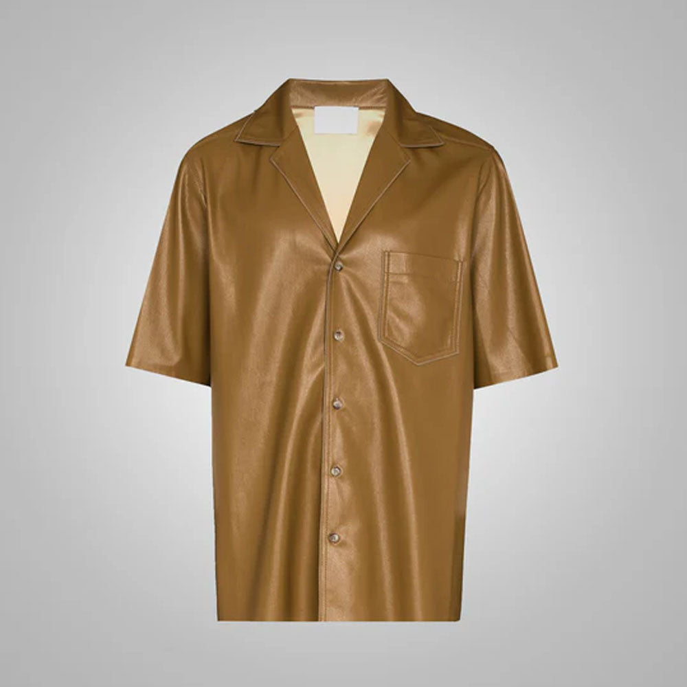 Men's Khaki Sheepskin Leather Half Sleeves Shirt