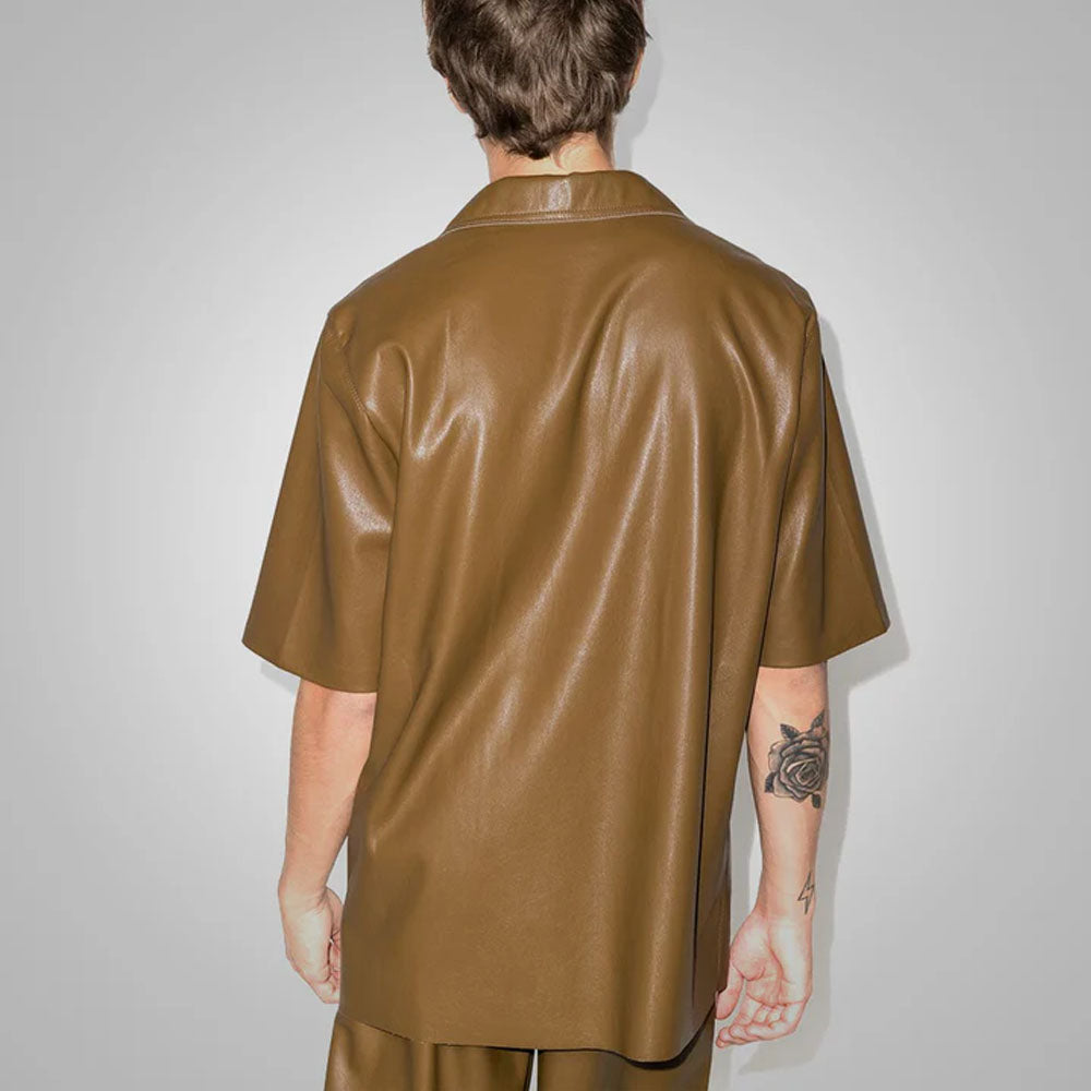 Khaki Sheepskin Leather Half Sleeves Shirt