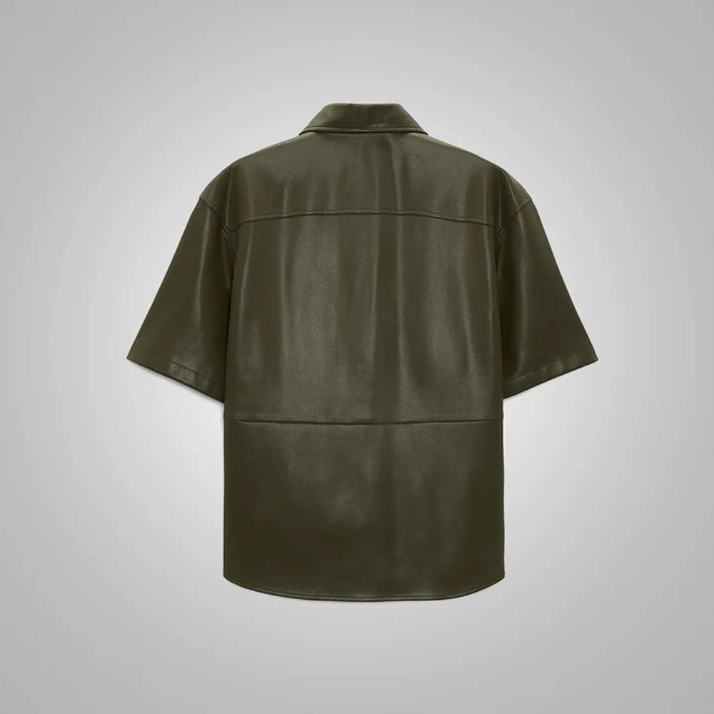 Lambskin Leather Dark Green Half Sleeves Shirt