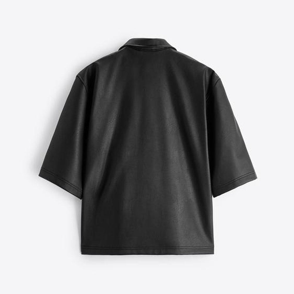 Half Sleeves Black Sheepskin Leather Shirt