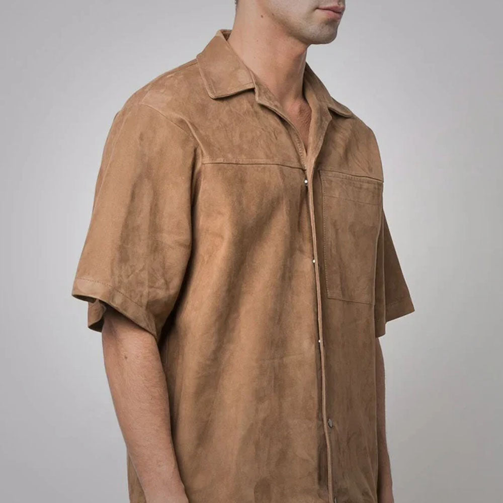 New Brown Half Sleeves Suede Leather Shirt