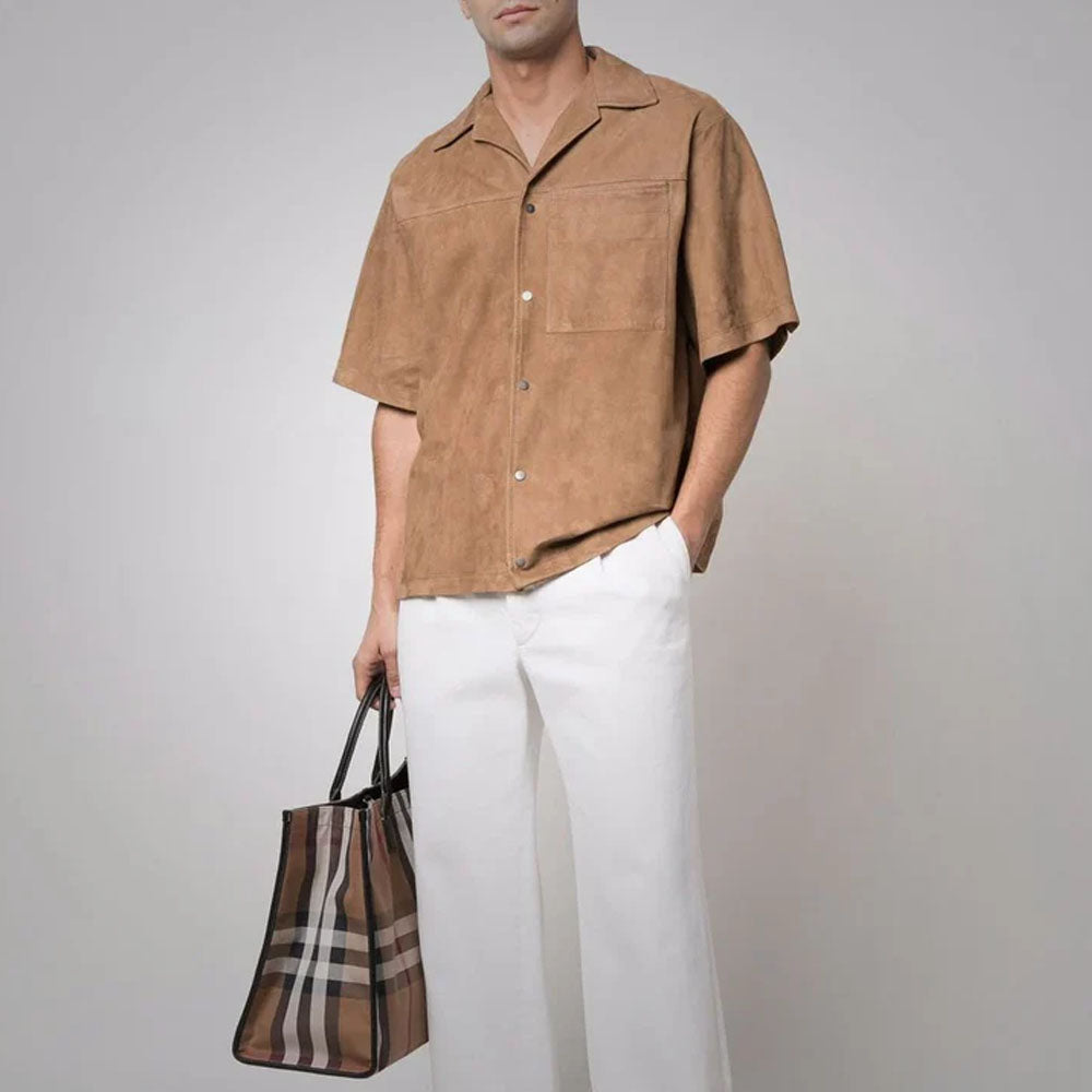 New Men's Half Sleeves Suede Leather Shirt