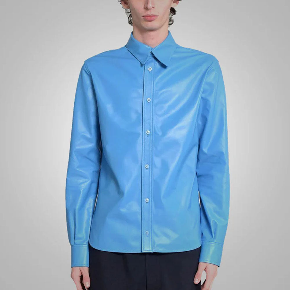 New Sheepskin Leather Full Sleeves Sky Blue Shirt