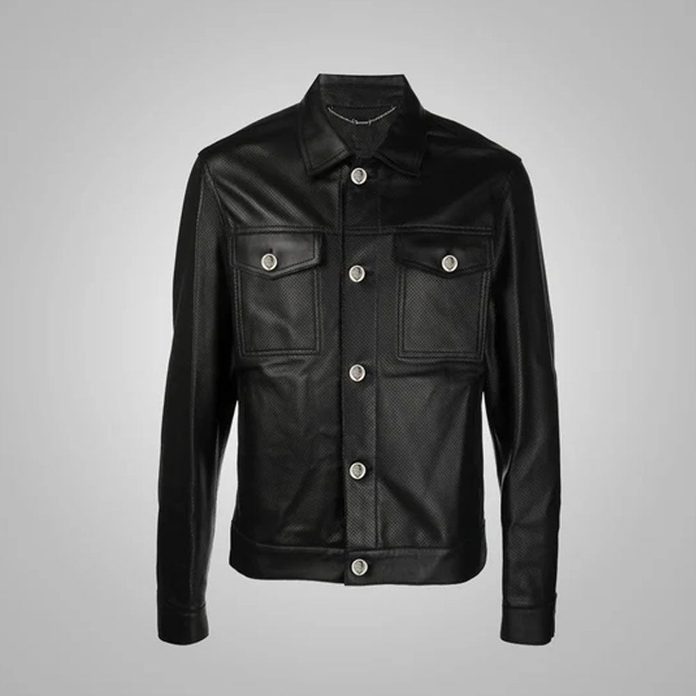 Men's Black Dotted-Pattern Leather Full Sleeves Shirt