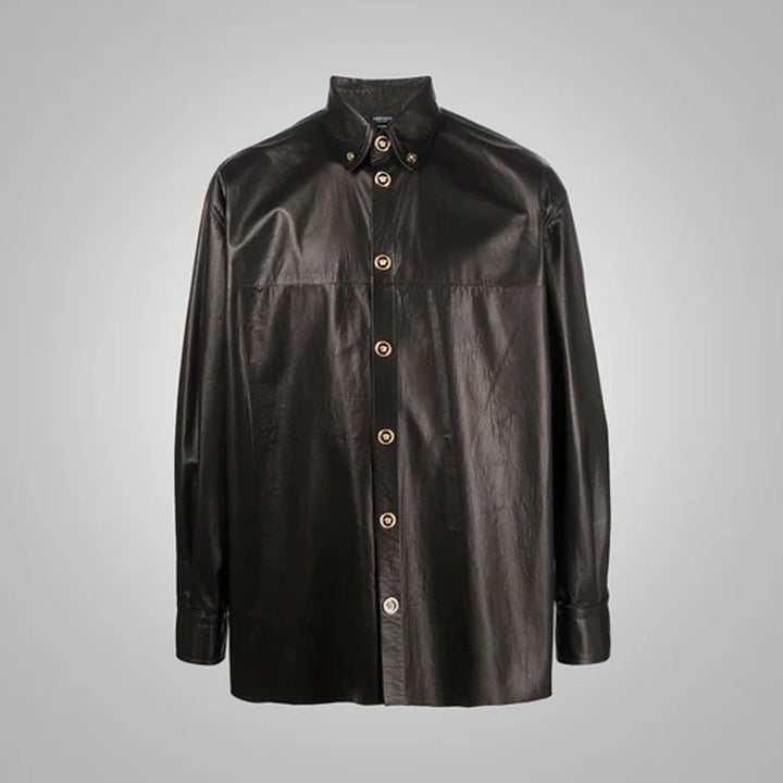 Men's black top-grain leather shirt with long sleeves and button front