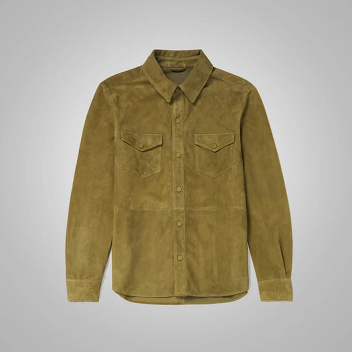 Men's green suede leather shirt with long sleeves and point collar