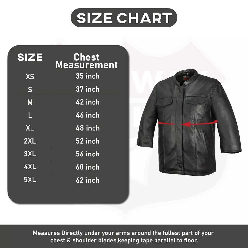 Men Half Sleeves Black Sheepskin Leather Shirt Size Chart