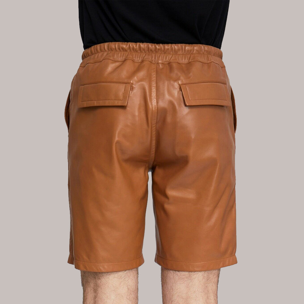 Man modeling Men’s Genuine Sheepskin Leather Shorts in a back view, highlighting the flat front design and lace-up accents.