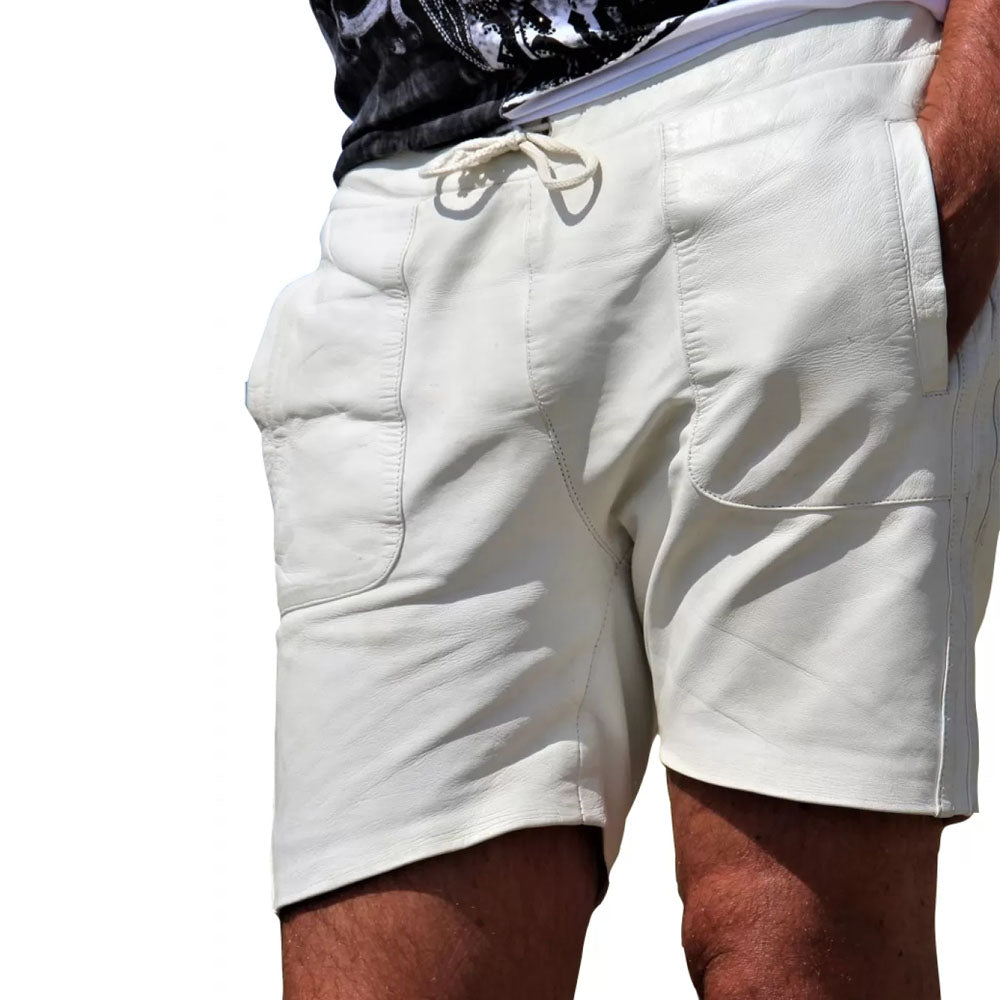 New Men White Real Sheepskin Leather Drawstring Shorts