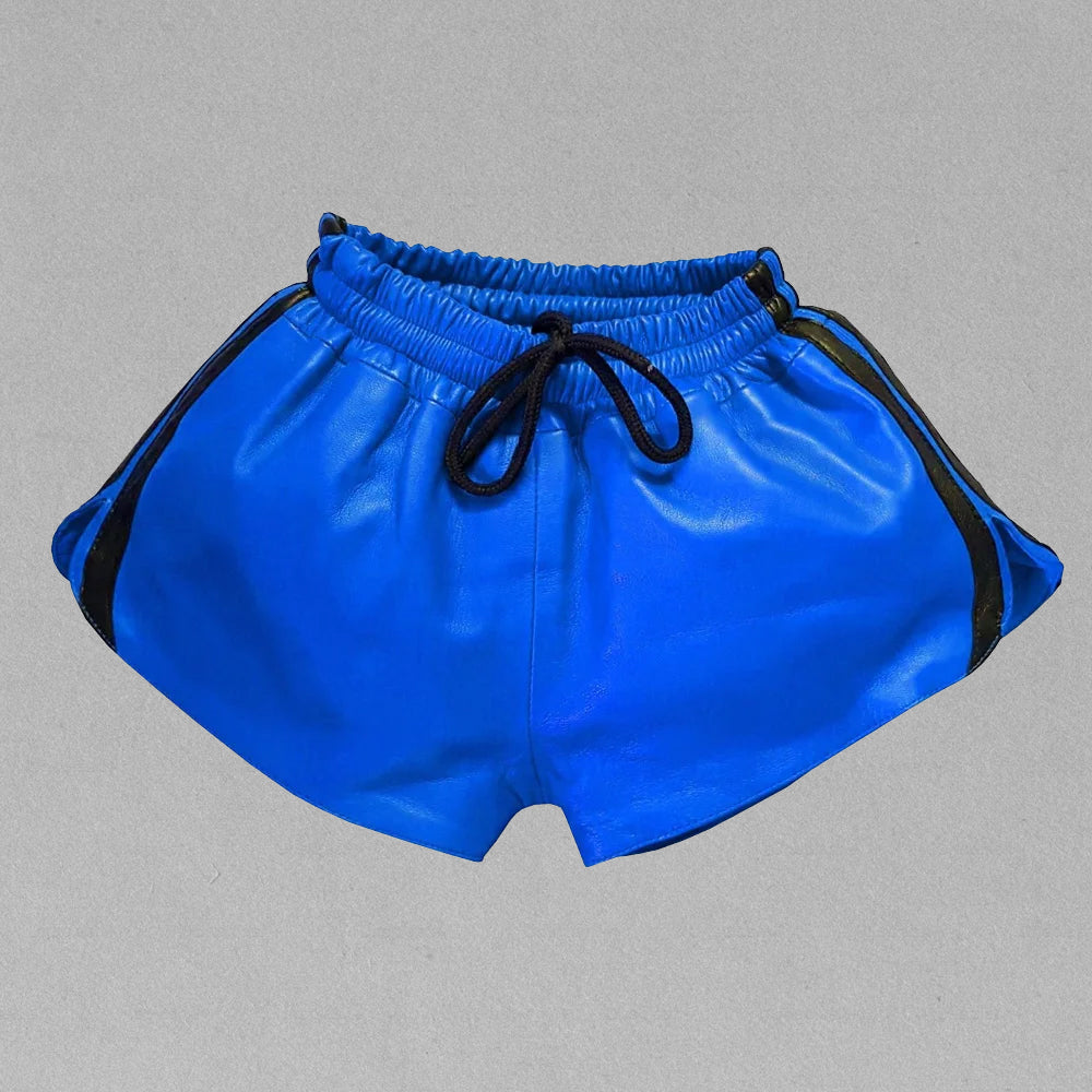 Men's blue lambskin leather shorts with black drawstring, sporty design, and stylish fit – perfect for casual and party wear.