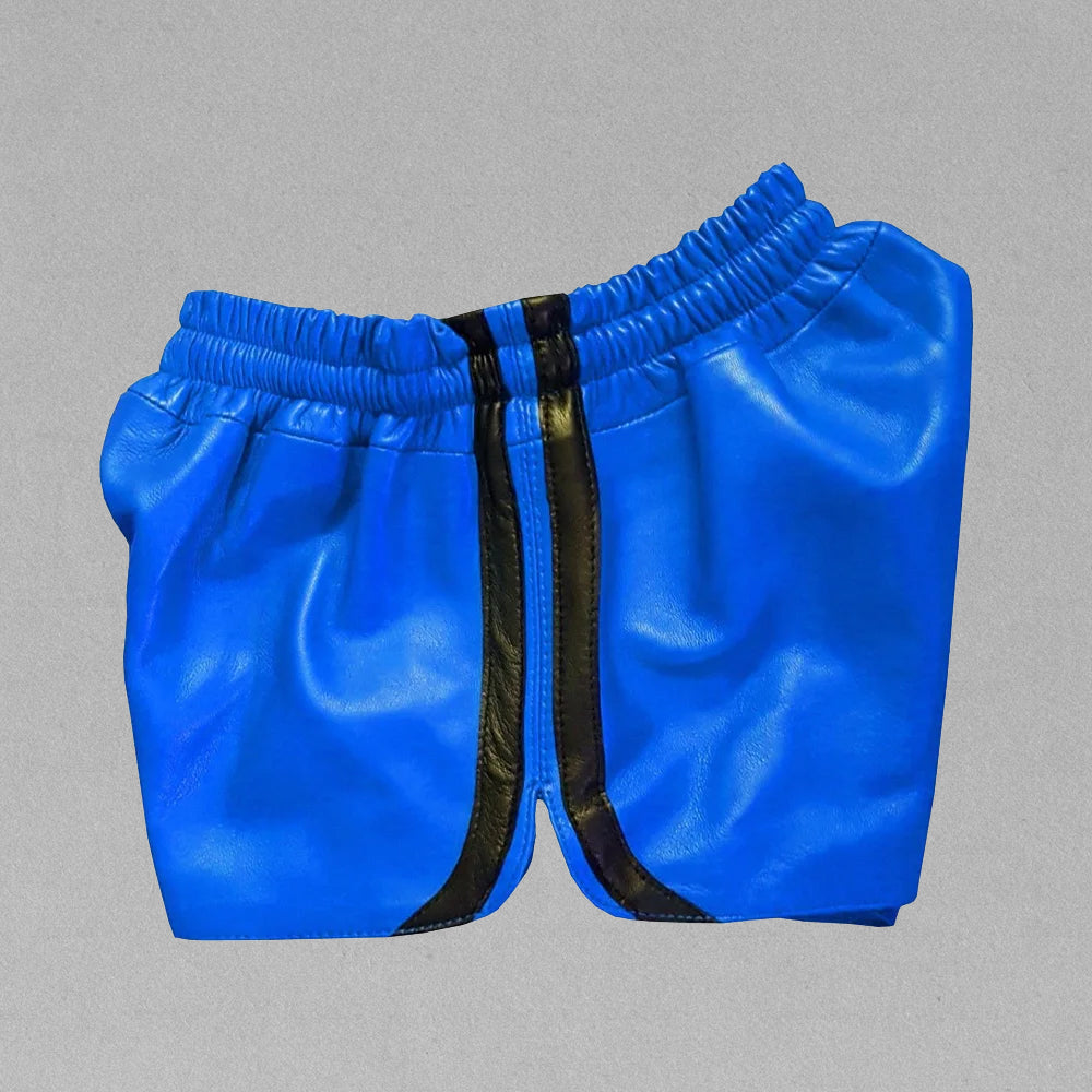 Side angle of men's blue leather shorts with black trim, highlighting the sleek design and premium lambskin material.