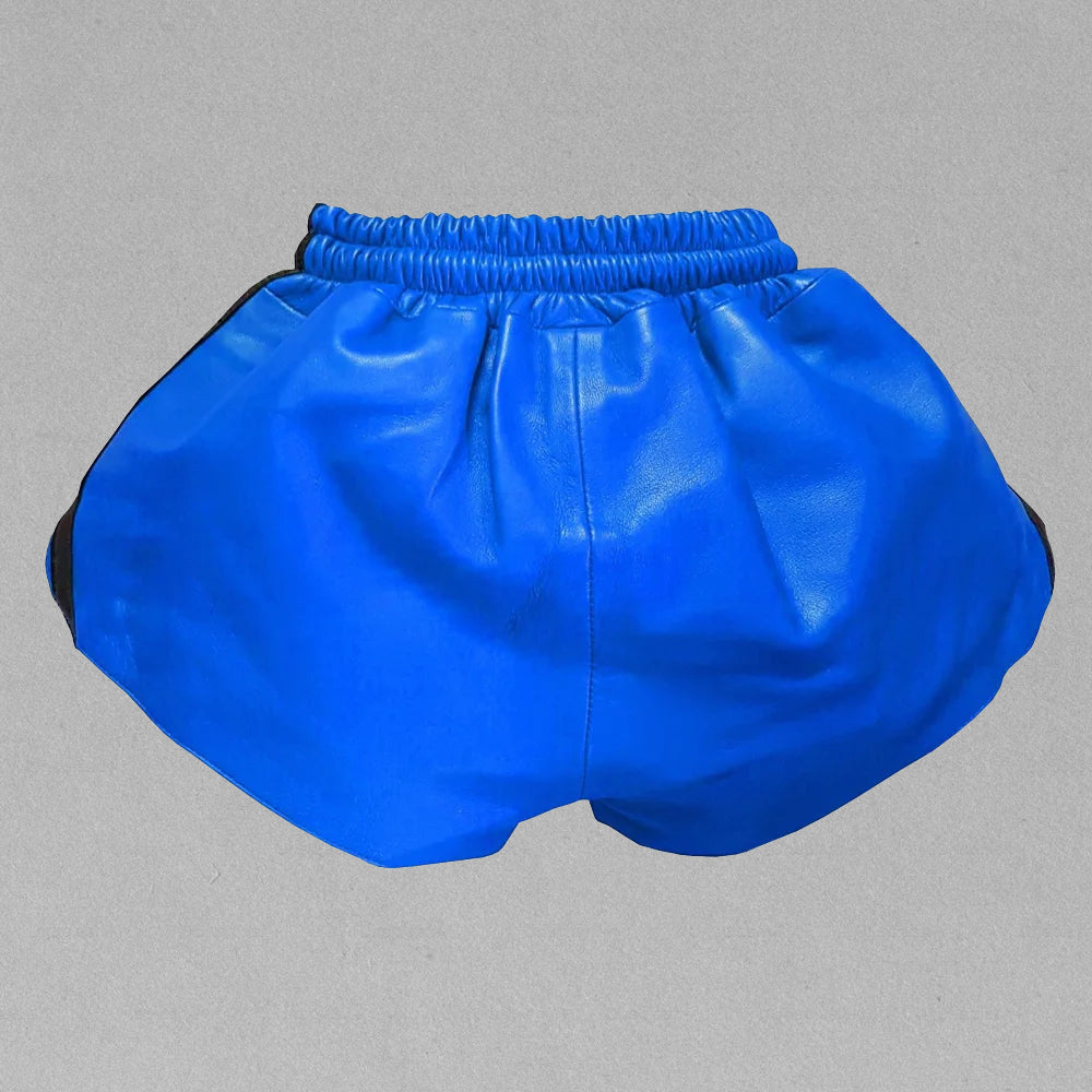 Backside of men's blue genuine leather shorts, featuring a smooth lambskin finish and a comfortable elastic waistband.