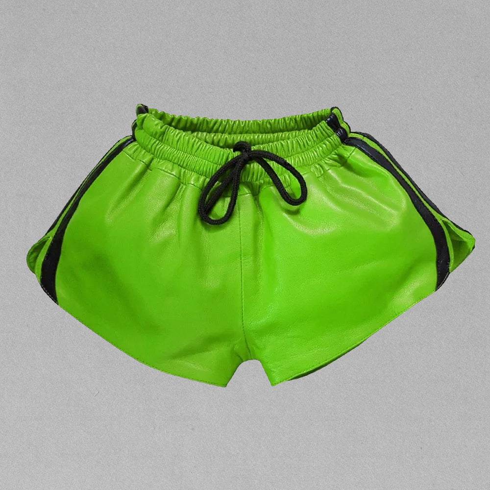 Men's green lambskin leather shorts with black drawstring, sporty design, and premium leather finish for a stylish casual look.