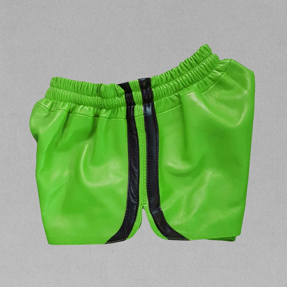 Side angle of men's green leather shorts with black trim, highlighting the trendy design and high-quality craftsmanship.