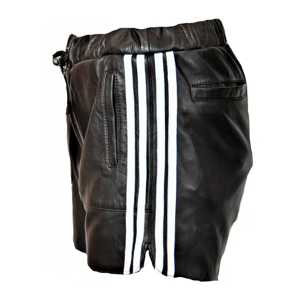 Black Real Sheepskin Side Strips Leather Drawstring Shorts