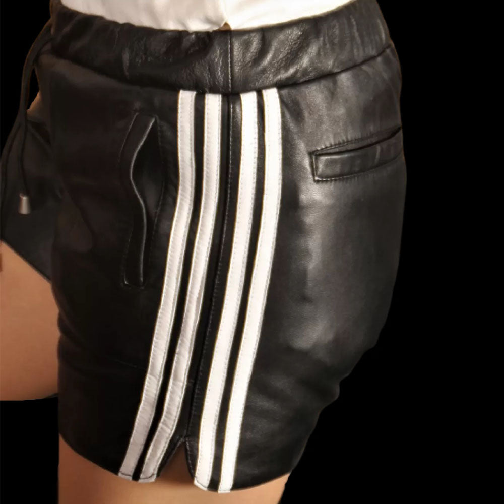 Men Black Real Sheepskin Side Strips Leather Shorts