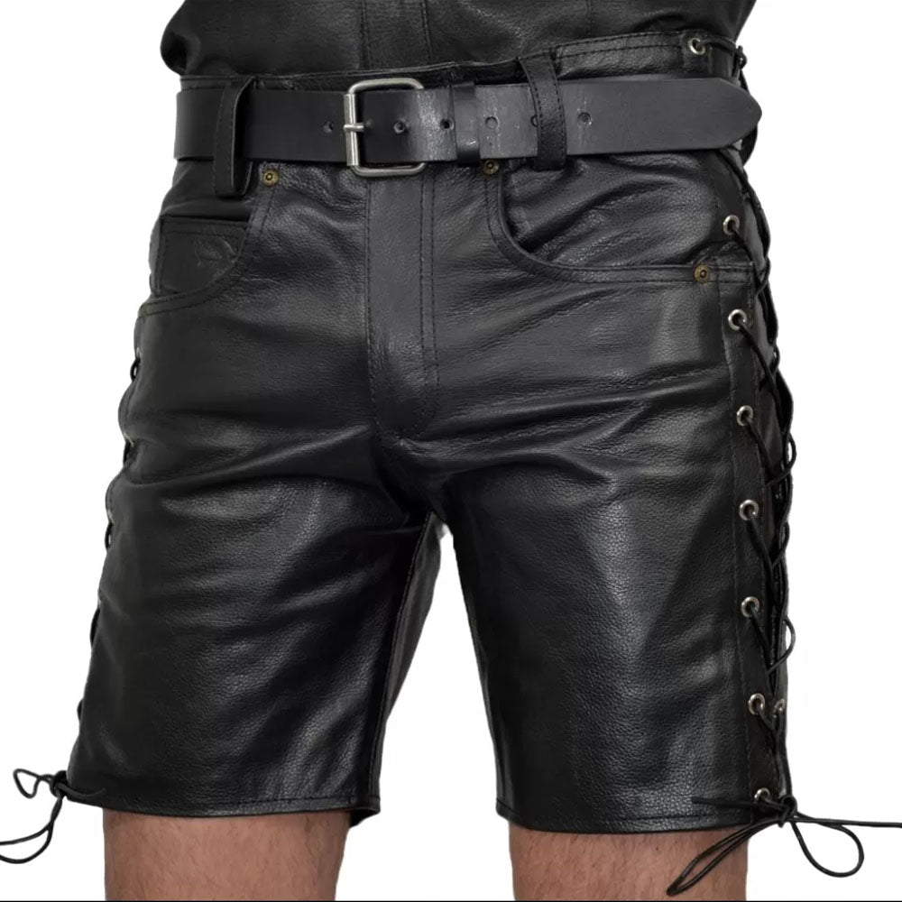 Men Black Real Sheepskin Side Lace Leather Shorts