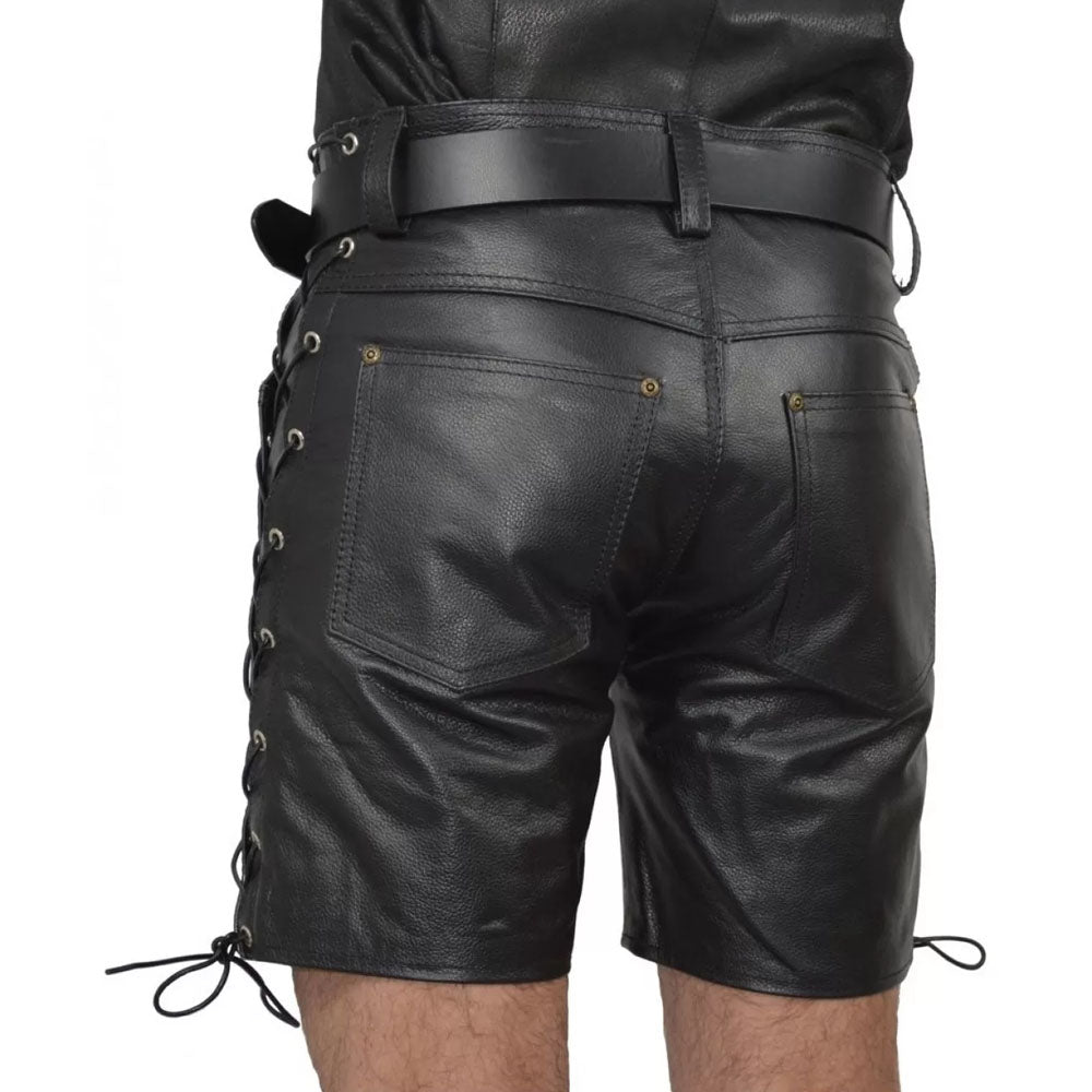 New Black Real Sheepskin Side Lace Leather Shorts