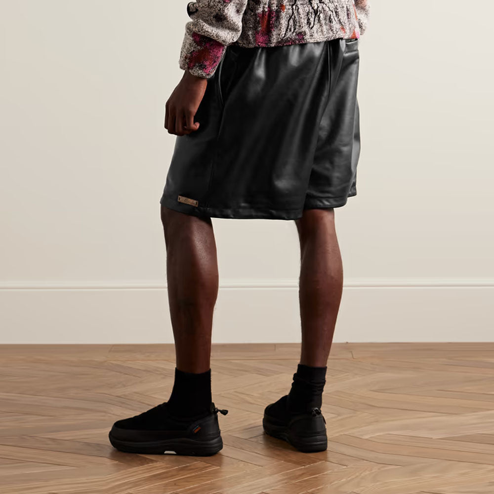 New Wide-Leg Black Drawstring Leather Shorts