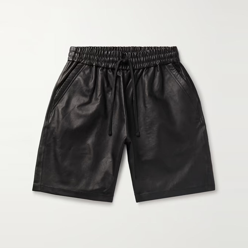 New Black Drawstring Lambskin Leather Shorts For Men