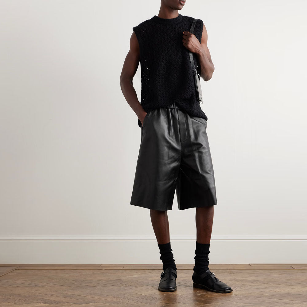 Men's Black Straight-Leg Sheepskin Leather Shorts