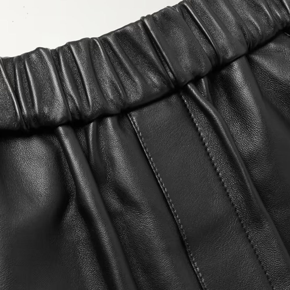 New Black Straight-Leg Sheepskin Leather Shorts