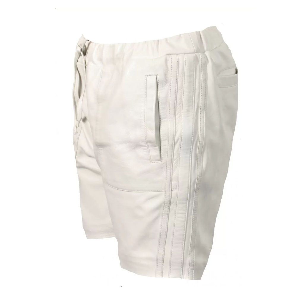 Men White Real Sheepskin Leather Smart Style Drawstring Shorts