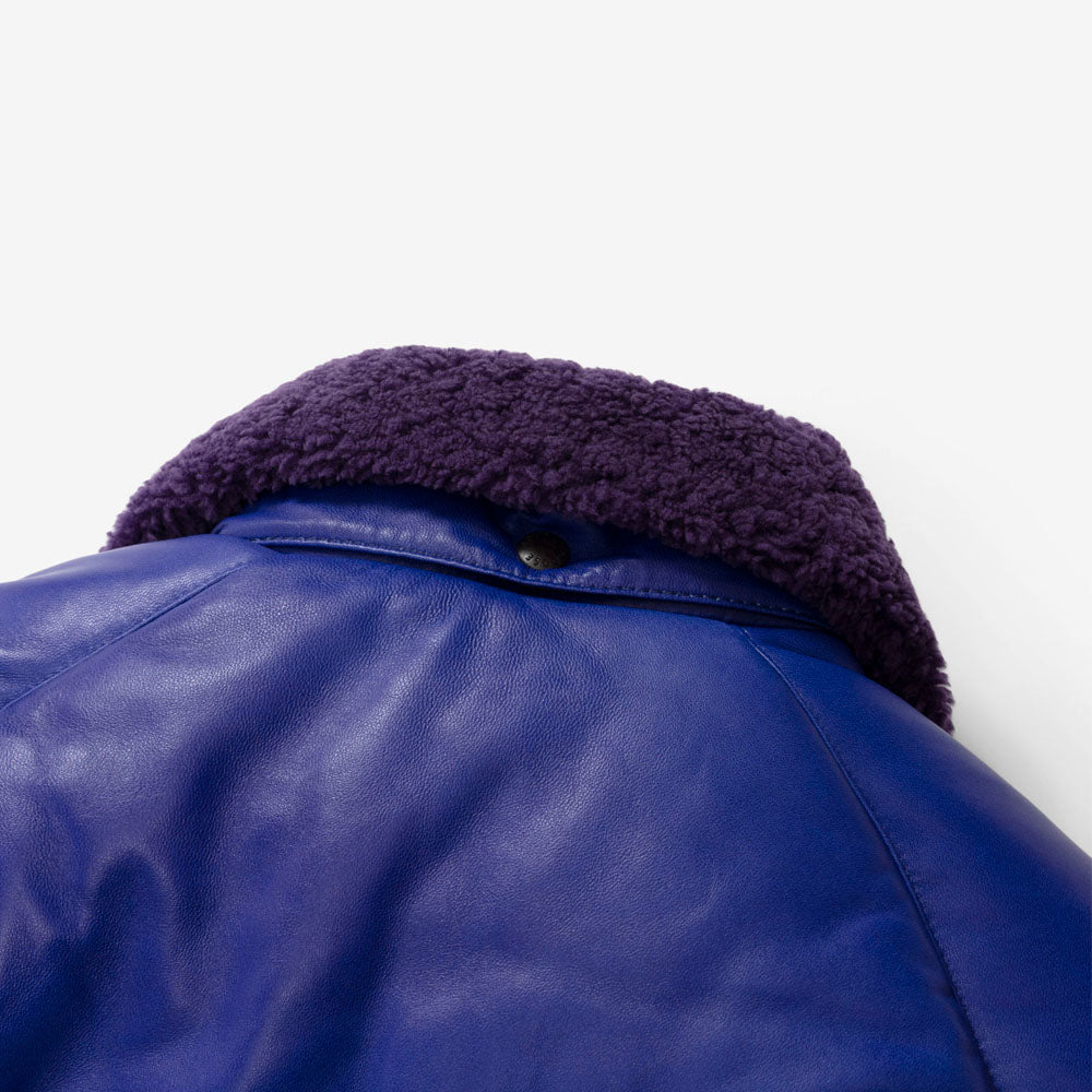 Men Fur Collar Gradient Purple/Blue Leather V Bomber Jacket