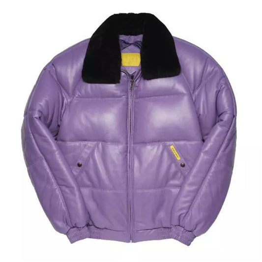 New Men's Purple Sheepskin Bubble Leather V Bomber Jacket