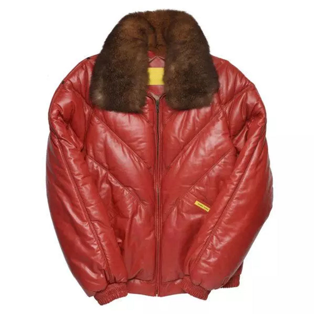 New Men's Removable collar Maroon Shearling V Bomber Leather Jacket