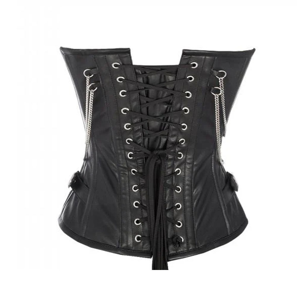 Black Genuine Leather Overbust Corset with Buckle Design