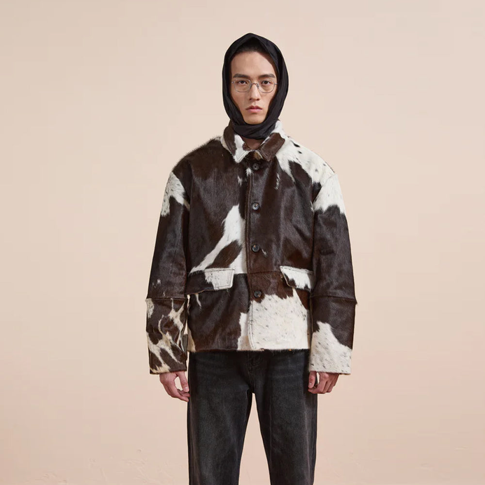 Luxury cowhide hair-on leather jacket with natural pattern and tailored construction