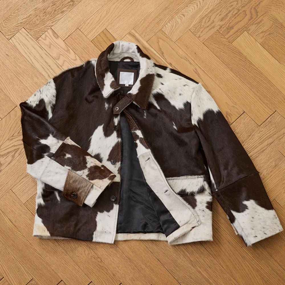 Premium cow hair jacket featuring organic spotting pattern and classic collar design