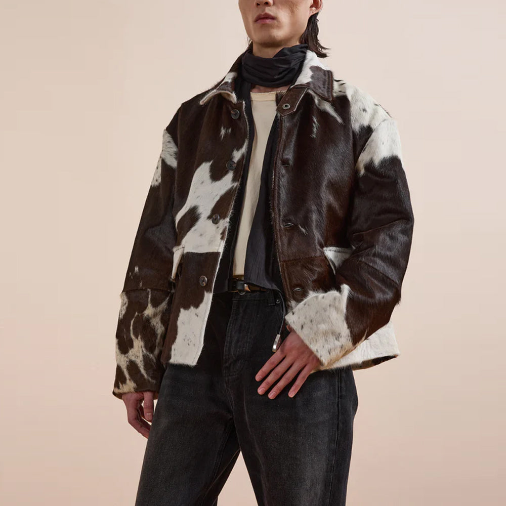 Genuine leather cow print jacket featuring classic collar and front button design