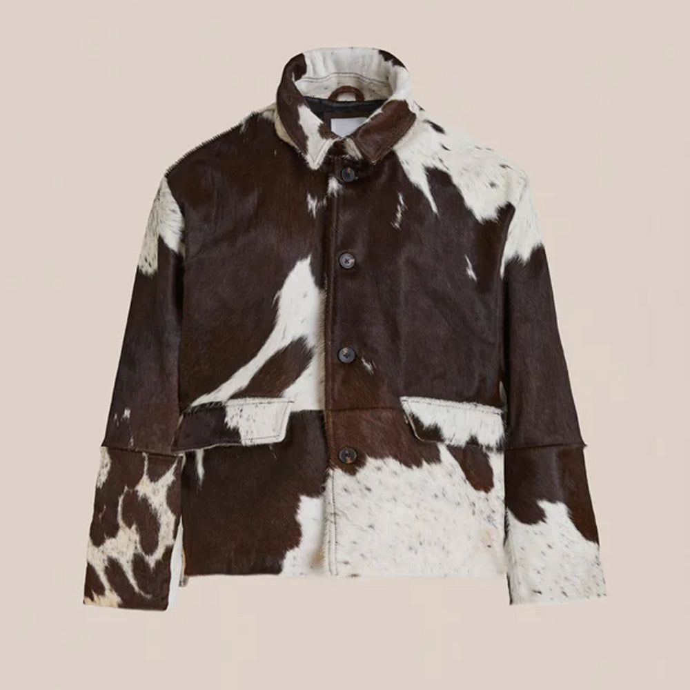 Authentic cowhide pattern jacket in chocolate brown and cream with structured silhouette