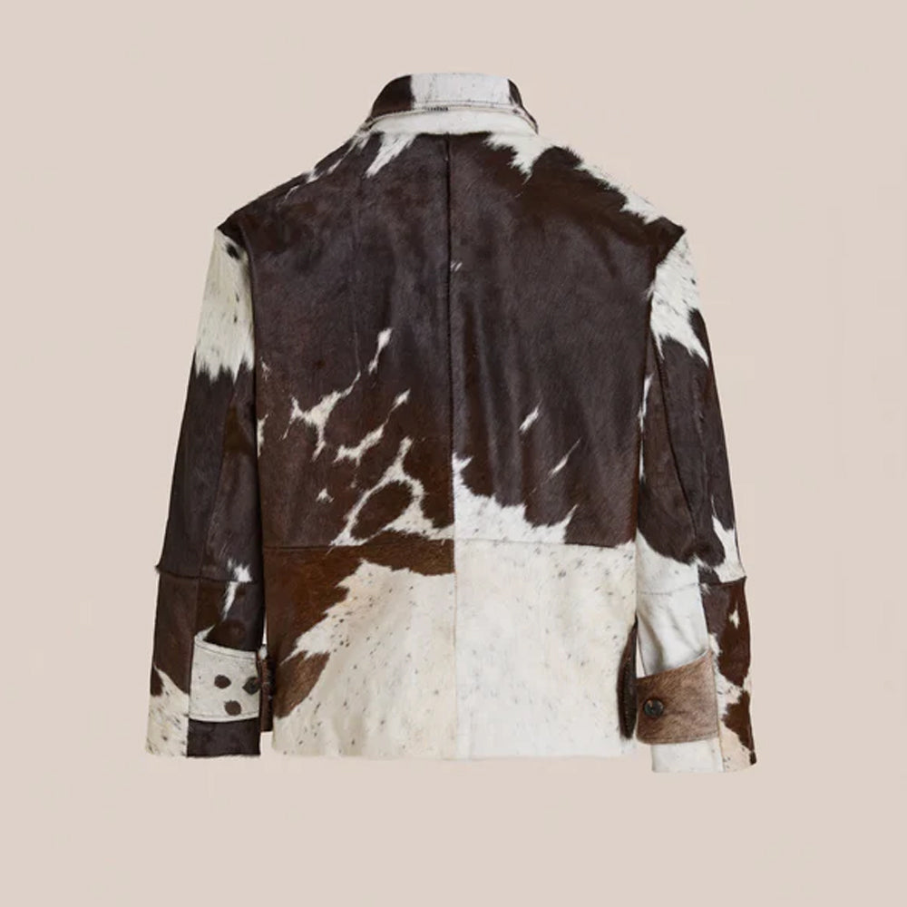 Handcrafted cow print leather jacket with patch pockets and tailored fit for men