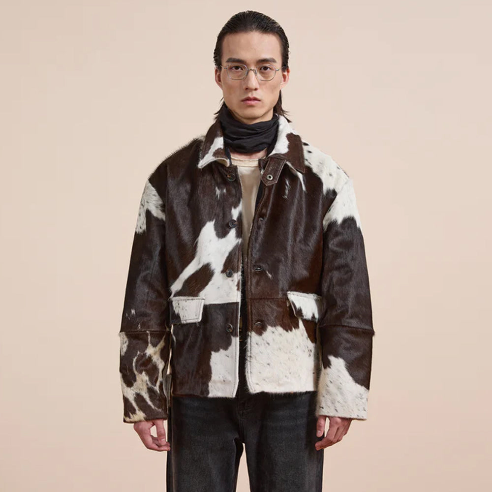 Premium quality cow hair leather jacket with button closure and functional pockets
