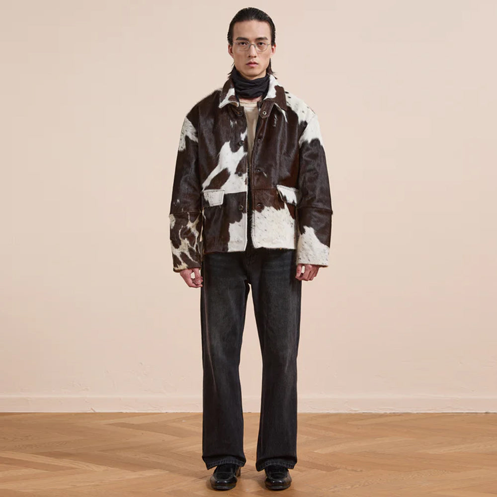 Rustic cowhide pattern jacket in earth tones with collar and long sleeves