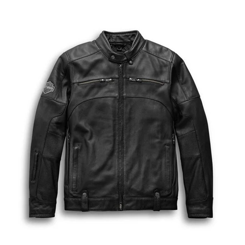 Men’s Harley-Davidson genuine leather biker jacket front view with classic cowhide design and zipper details