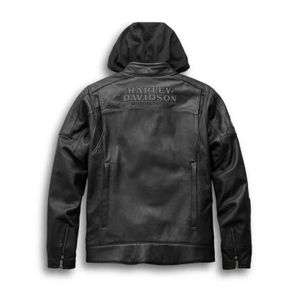 Back view of men’s Harley-Davidson leather motorcycle jacket showing padded shoulders, comfort action back, and premium cowhide leather