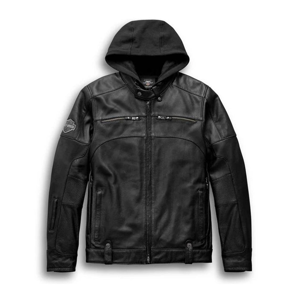 Men’s Harley-Davidson leather biker jacket front view with removable fleece hoodie, zippered pockets, and stylish biker design