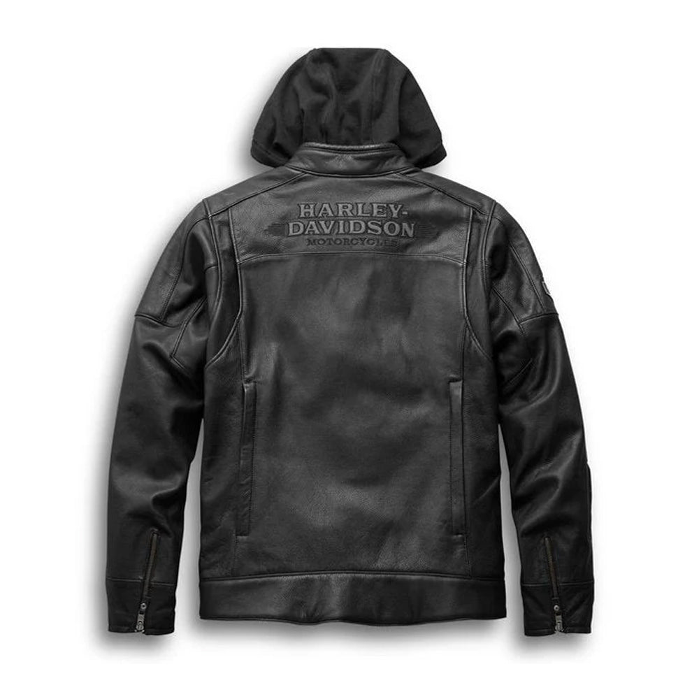 Back view of men’s Harley-Davidson leather motorcycle jacket with removable hoodie, reflective graphics, and padded back for protection