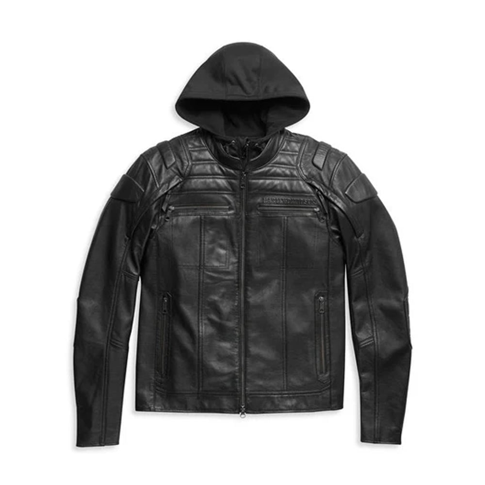 Front view of Men’s Harley Davidson hooded leather motorcycle jacket, armored biker jacket with removable hood