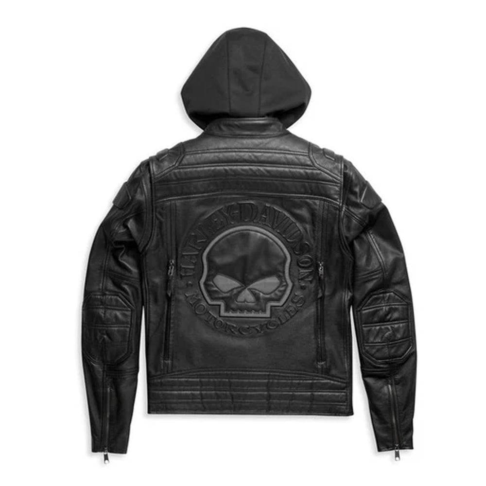 Back view of Men’s Harley Davidson hooded leather motorcycle jacket, reflective details and armor-ready design for bikers