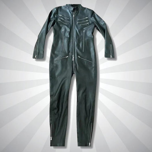 Premium Genuine Leather Jumpsuit - Front view showcasing sleek design, YKK zipper closure, and snap-button collar.